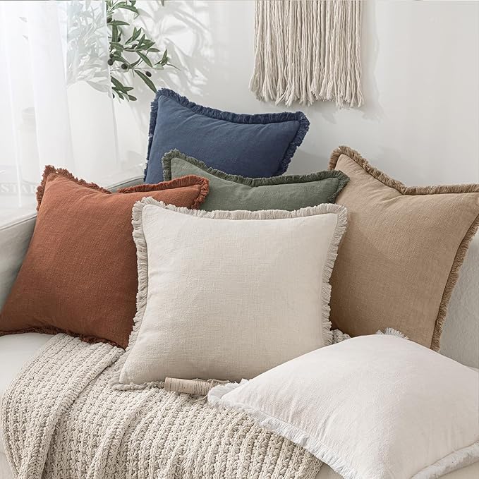 MIULEE Decorative Throw Pillow Covers Neutral Linen Fringe Throw Pillows Set of 2 Camel Boho Farmhouse Cushion Covers with Tassels for Couch Sofa Bed Living Room Spring Decor 20x20 Inch