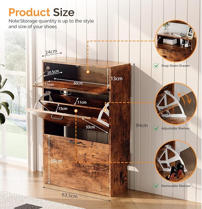 VINGLI Set of 2 Distressed Wood Shoe Cabinet for Entryway, 2-Pack Ultra Slim Shoe Organizer with 2 Flip & 1 Drop-Down Drawers, 24.8" W Narrow Shoe Cabinet, Rustic Brown Wood Shoes Rack for Hallway
