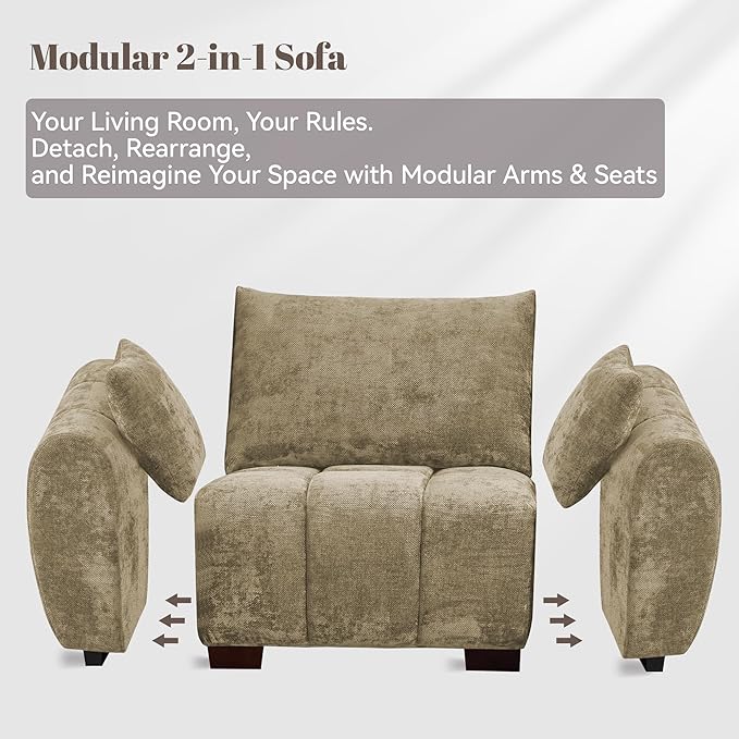 112" Mid Century Modern L Shaped Couch, 3 Seater Modular Sectional Sofa with Movable Ottoman, Deep Seat and Solid Wood Legs, Cloud Couch for Living Room, Chenille Tufted Sofa, Brown
