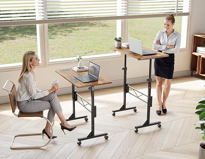 HOMIDEC Standing Desk, 32 Inch Portable Small Desk Adjustable Height, Rolling Home Office Desks with Wheels, Sit Stand Desk for Bedroom Walking Pad Home Office Small Space, Rustic