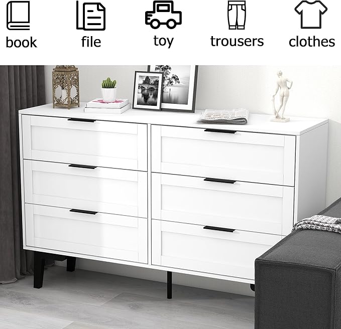 TaoHFE 6 Drawer Dresser for Bedroom Modern White Chest of Drawers for Nursery Wood Dresser for Kids Horizontal Dressers & Chests of Drawers for Bedroom Living Room