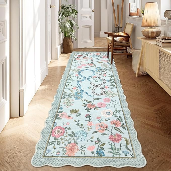 Garvee Washable Runner Snake Scalloped Rug 2x6 Runner Rugs for Hallway, Non-Slip Stain-Resistant Kitchen Runners, Soft Low Pile Non Shedding Carpet for Laundry Entryway Bedroom Bathroom,Blue
