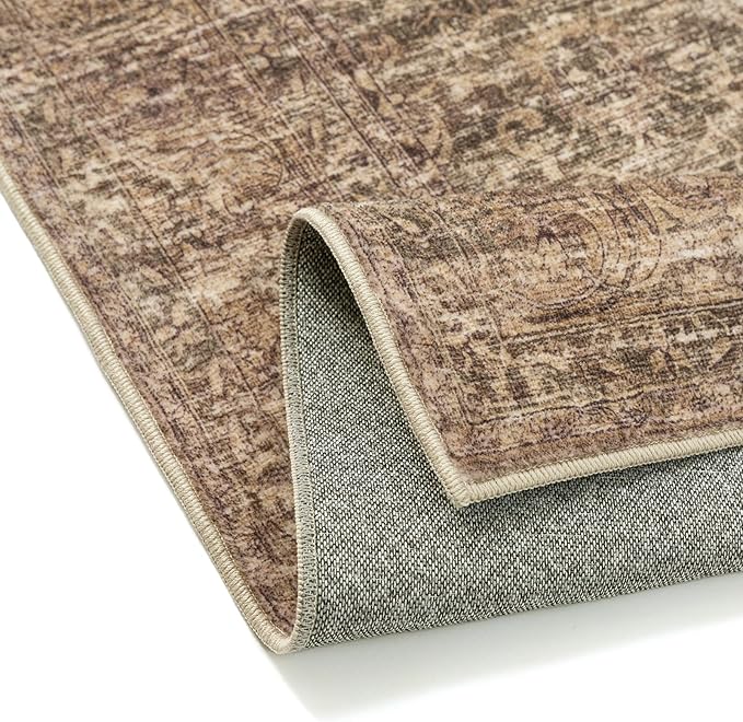 PureCozy 6x9 Area Rug Brown Machine Washable Living Room Bedroom Vintage Distressed Non Slip Carpet Indoor Large Low Plie Thin Dining Room Office Retro Accent Throw Rug