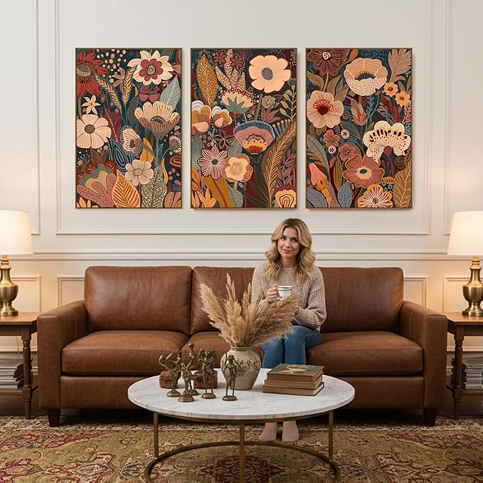 SAFERRYHOME Burnt Orange Floral Wall Art, 3 Pieces Boho Mid Century Modern Wildflower Framed Canvas Wall Decor, Vintage Botanical Neutral Plant Artwork Print for Living Room Bedroom Hallway Office, 16"x24"