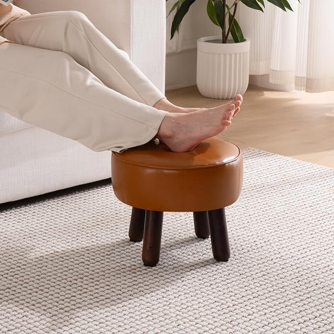 oakvivo Small Foot Stool Ottoman, Round Pouf Foot Rest, Footstool Ottomans with Rubber Legs Under Desk, Faux Leather Footrest for Couch, Living Room, Bedroom, Hallway, Office, 13''L x 13''W x 10.2''H