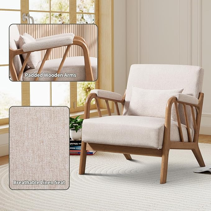 IOMOR Mid Century Modern Accent Chair with Solid Wood Frame Linen Fabric, Upholstered Living Room Chairs with Lumbar Cushion Padded Arms, Reading Armchair for Bedroom (2, Warm Beige)