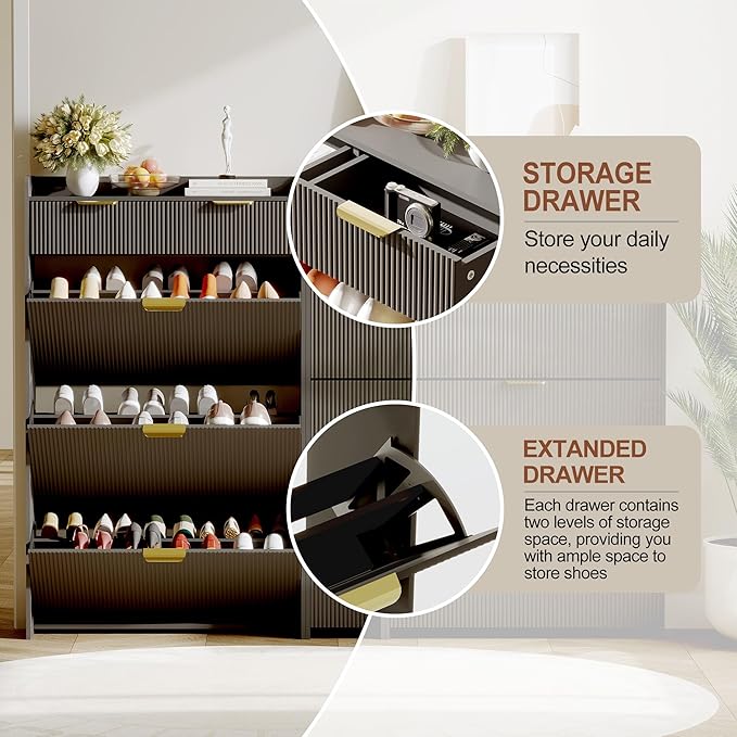 IDEALHOUSE Modern Natural Shoe Cabinet with 3 Flip Drawers & 2 Small Drawers & Hook, Slim Fluted Shoe Storage Organizer, Narrow Entryway Cabinet for Apartment, Hallway, Entrance ((Black Color))