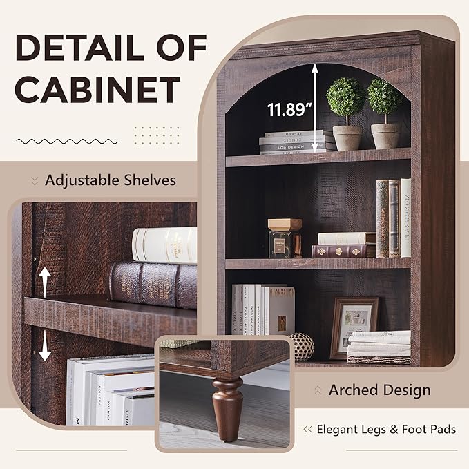 IFGET 76" Tall Arched Bookcase, Farmhouse 5 Tiers Large Arched Bookshelf Cabinet with Adjustable Shelves, Modern Wooden Book Shelf w/Storage and Open Display Shelves for Living Room, Office-Brown
