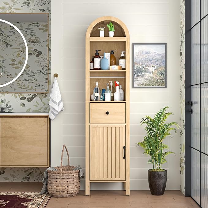 Lxsxlome 64" Tall Bathroom Storage Cabinet with Adjustable Shelves,Tall Narrow Arched Freestanding Tower Cabinet with Fluted Doors and Drawers,Space Saving Organizer for Bathroom Living Room (Oak)
