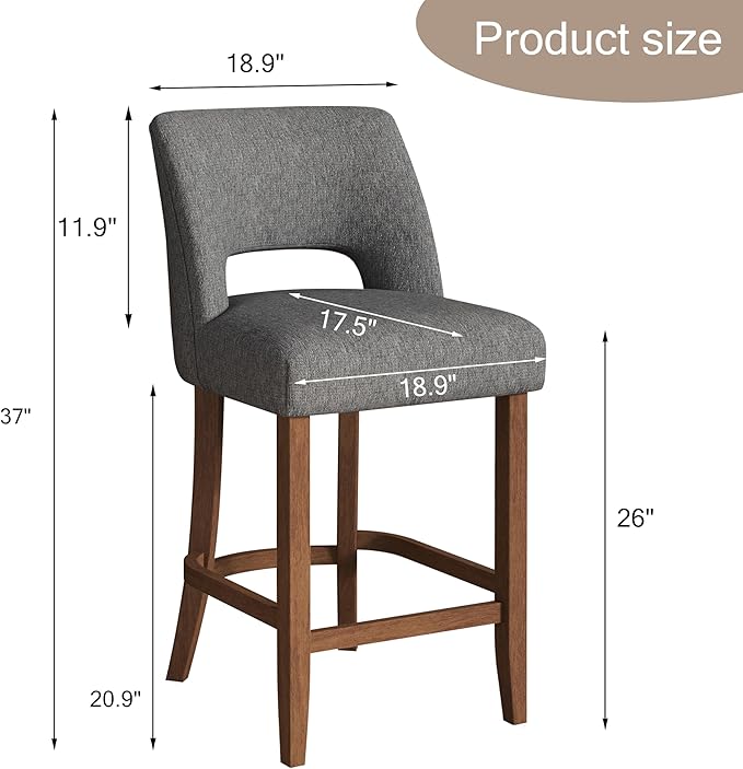 VKNOW Bar Stools Set of 6, 26" Upholstered Counter Height Bar Stools, Modern Counter Stools with Wood Legs for Kitchen Island Dining Room Bar, Charcoal