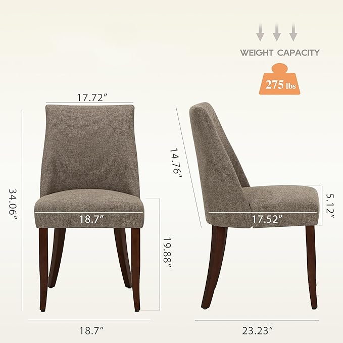 Wooden Dining Chairs Set of 2, Upholstered Farmhouse Fabric Dining Room Chair, Mid Century Kitchen Chair for Restaurant & Cafe, Brown