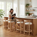 LukeAlon Sherpa Counter Stools Set of 4, Mid Century Upholstered 26.5" Seat Height Low Barstools with Natural Wood Legs Round Low Back Kitchen Stools with Footrest for Dining Room, White