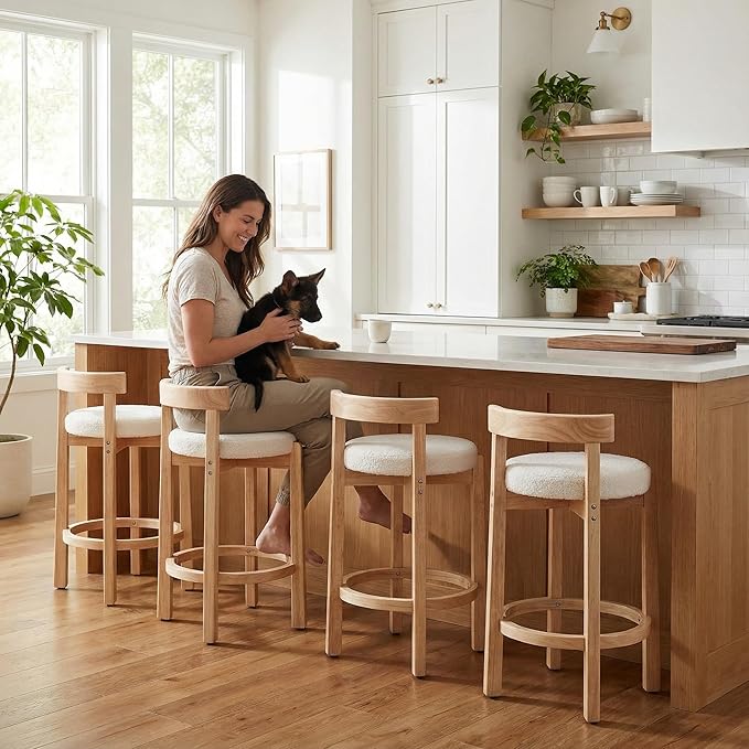 LukeAlon Sherpa Counter Stools Set of 4, Mid Century Upholstered 26.5" Seat Height Low Barstools with Natural Wood Legs Round Low Back Kitchen Stools with Footrest for Dining Room, White