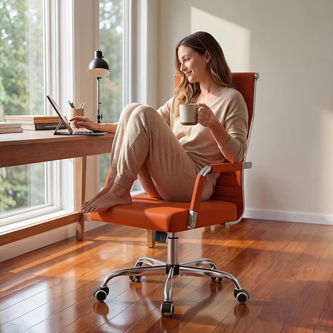 Furmax Ergonomic Office Desk Chair, Executive Ribbed Mid-Back PU Leather Conference Room Chair Adjustable Swivel Chair with Arms (1, Orange)