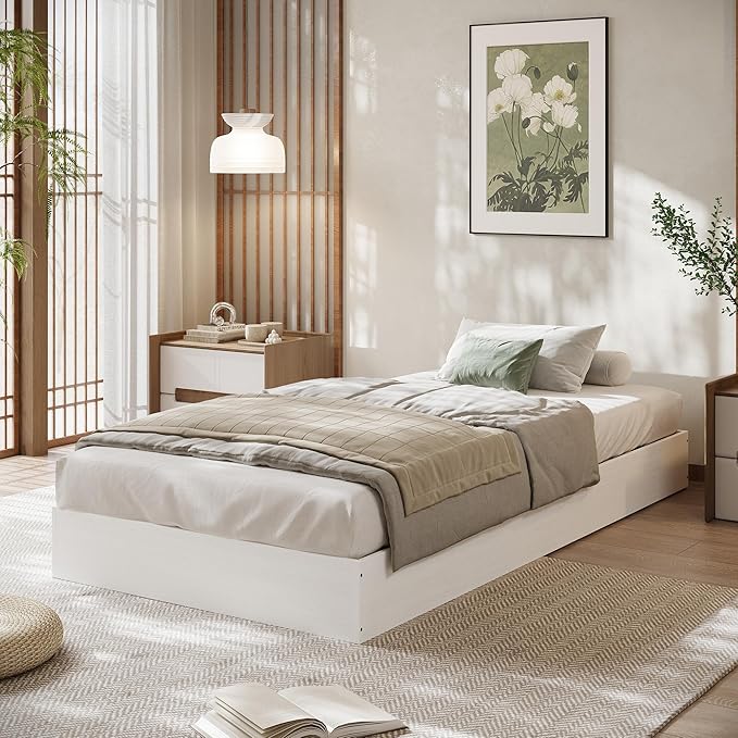 Wood Platform Bed with Sturdy Wooden Slats, Twin XL Floor-Standing Bed Frame, Modern Minimalist Design Space-Saving Bed Frame, No Box Spring Needed, Easy Assembly, White