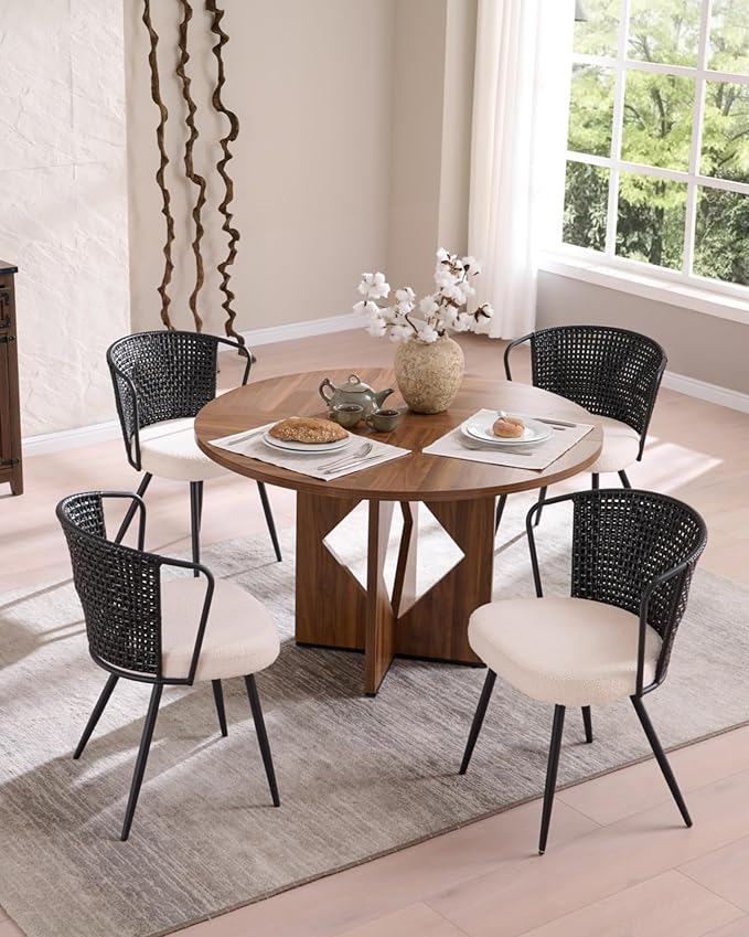 BedsPick Rattan Dining Chair Set of 6 - Farmhouse Upholstered PE Rattan Kitchen Chair with Boucle Cushion, Wingback Dining Room Seat with Cane Back and Metal Legs for Home, Kitchen (Black)