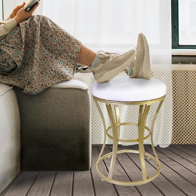 Velvet Round Vanity Stool,White Velvet Footrest Ottoman Foot Stool Seat with Golden Metal Legs,Makeup Chair for Bathroom Vanity,Bedroom,Living Room