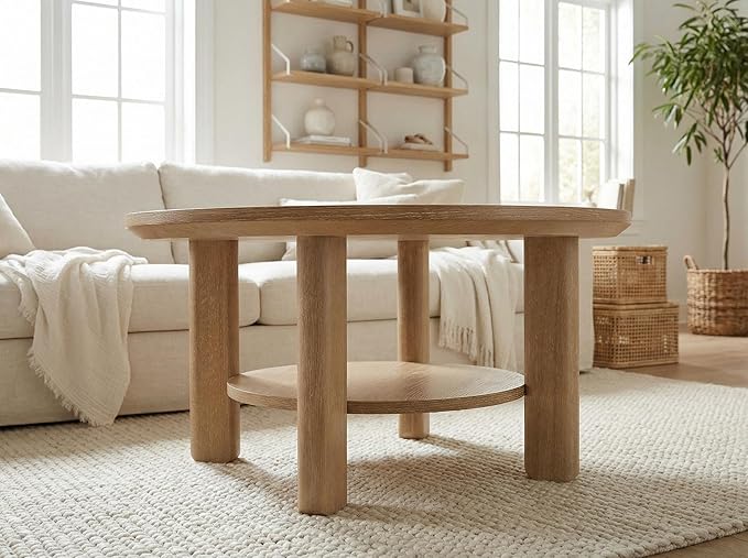 Furnifact Light Oak Round Wood Coffee Table Transitional Design, Durable Leveler, Plastic Glide, 200 lbs Capacity, Stylish 36-Inch Surface