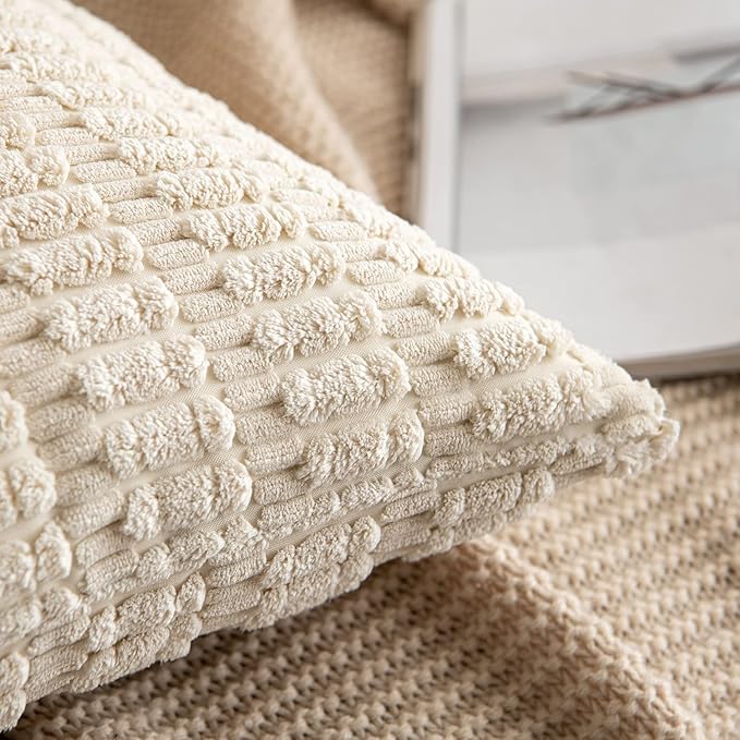 MIULEE Pack of 2 Corduroy Decorative Throw Pillow Covers 12x12 Inch Soft Boho Striped Pillow Covers Modern Farmhouse Home Decor for Sofa Living Room Couch Bed Cream White