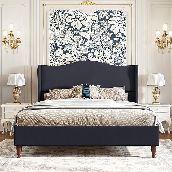 koorlian King Size Bed Frame Upholstered Platform Bed with 51'' Tall Fabric Headboard and Wooden Slats Support, Retro Minimalist Style/Fully Upholstered/Easy Assembly, Dark Navy