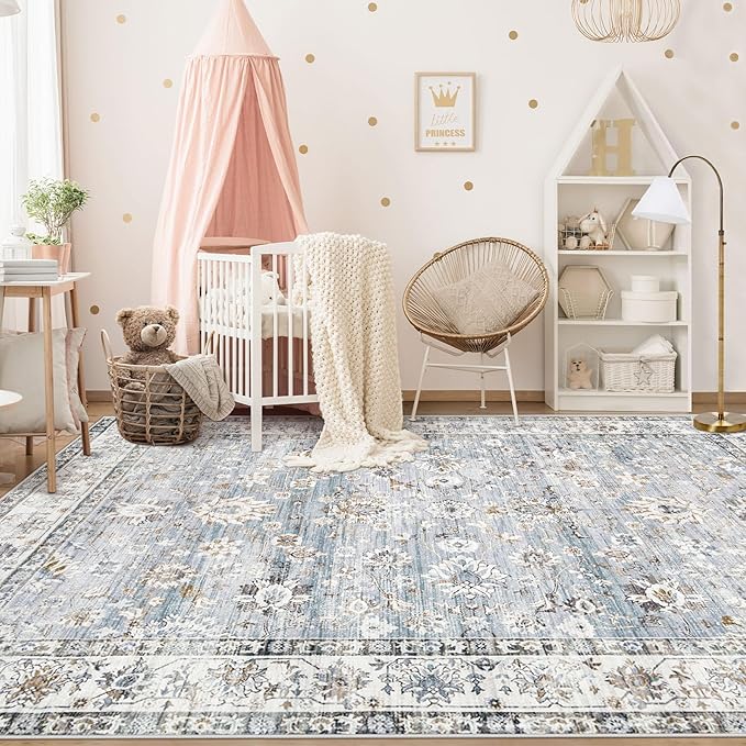XLUEZ Area Rug 5x7 Living Room Rug, Machine Washable Vintage Distressed Boho Area Rug Non-Slip Soft Low Pile Large Indoor Rugs for Bedroom Kitchen Dining Room Office(Light Blue,5'x7')