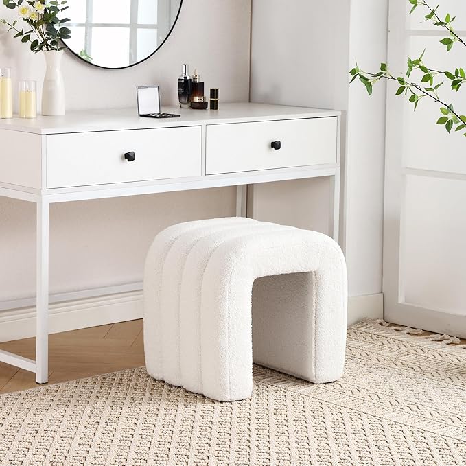 White Teddy Fleece Tufted Ottoman Stool, Small Arch Footrest for Couch, Modern Vanity Stool with Non-Slip Pads for Makeup Room, Living Room, Entryway, 15.4 x 19.3 x 17.9 Inches, 260lb Capacity