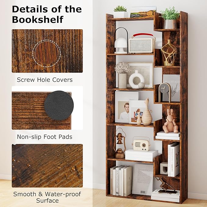 Tangkula 6-Tier Bookshelf, 64”H Tall Open Bookcase with Anti-Tip Kits, Home Office Free-Standing Wood Room Divider Display Shelf, Modern 11-Shelf Storage Rack for Study, Living Room (1, Rustic Brown)