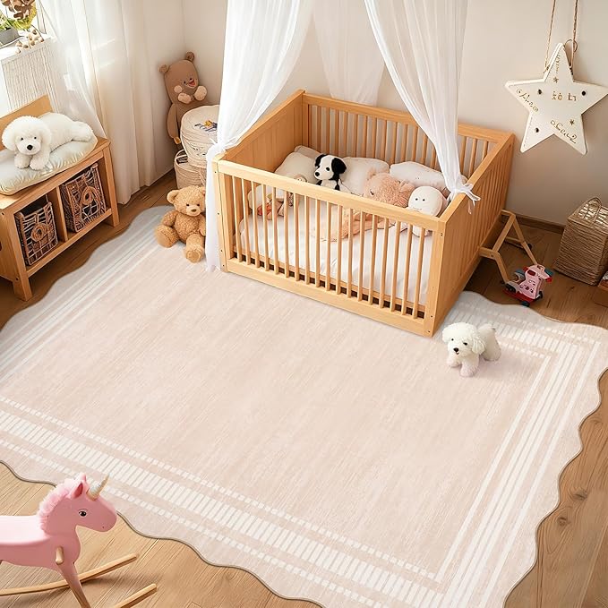 Garvee Washable Rugs 10x13 Area Rugs for Living Room Bedroom, Low Pile Ultra Soft Solid Neutral Carpet, Non Slip & Non Shedding Modern Scalloped Print Floor Mats for Home Decor, Natural Ivory
