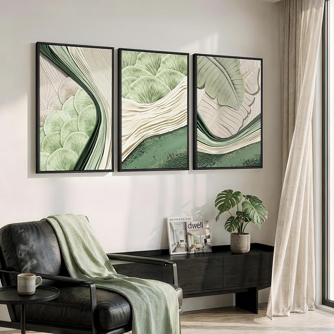 Framed Green Abstract Wall Art Bedroom, 3 Piece Botanical Modern Minimalist Canvas Print Artwork for Walls, Leaf Paintings Pictures for Small Living Room Dining Room Office Wall Art Decor, 16x24 Inch