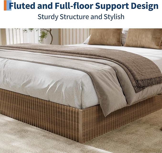 Garvee Queen Bed Frame, Wood Platform Bed with Fluted Design, Low Profile BedFrame, Minimalist Bed Base with Noise-Free, Easy Assembly, No Box Spring Needed, Walnut
