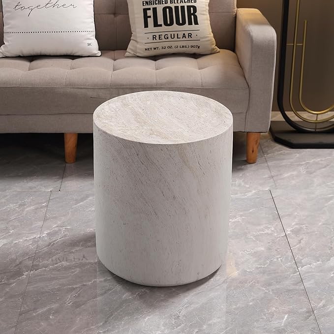 WILLIAMSPACE 15.75" Round End Table in Faux Marble, Modern Circle Drum Stone Side Table Travertine Small Coffee Table for Living Room, Outdoor, Magnesium Oxide, No Need Assembly, Light Beige