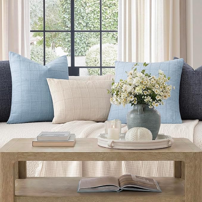 Foindtower Set of 2 Decorative Linen Check Throw Pillow Covers Neutral Farmhouse Vintage Cushion Covers Modern Boho Accent Home Decor for Sofa Chair Couch Bedroom Living Room,26×26 Inch,Sky Blue