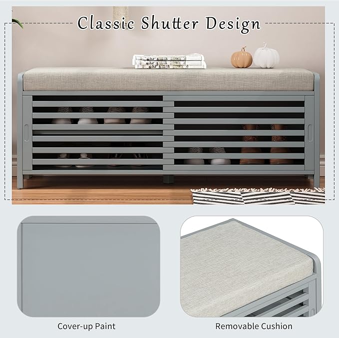 LUMISOL Shoe Bench with Storage and Cushion, Farmhouse Distressed Shutter Storage Bench with Retro Charm for Living Room, Entryway, Grey
