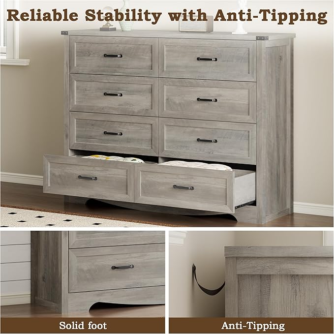 BORNOON 8-Drawer Dresser for Bedroom, Modern Wooden Chest of Drawers with Metal Handles, Anti-Tipping Design, Sturdy and Stable Storage Organizer for Living Room, Entryway, Home Office, Standard
