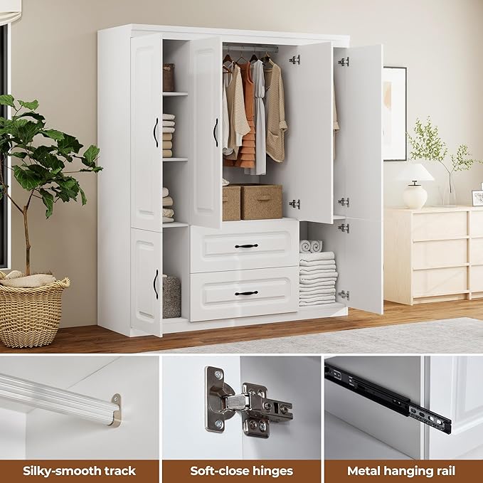 Armoire Wardrobe Closet with 2 Doors, White Cabinet with 2 Drawers and Clothes Storage Organizer, Modern Style with Hanging Rod Shleves Suitable for Bedroom(61.42" W x 20.47" D x 74" H)