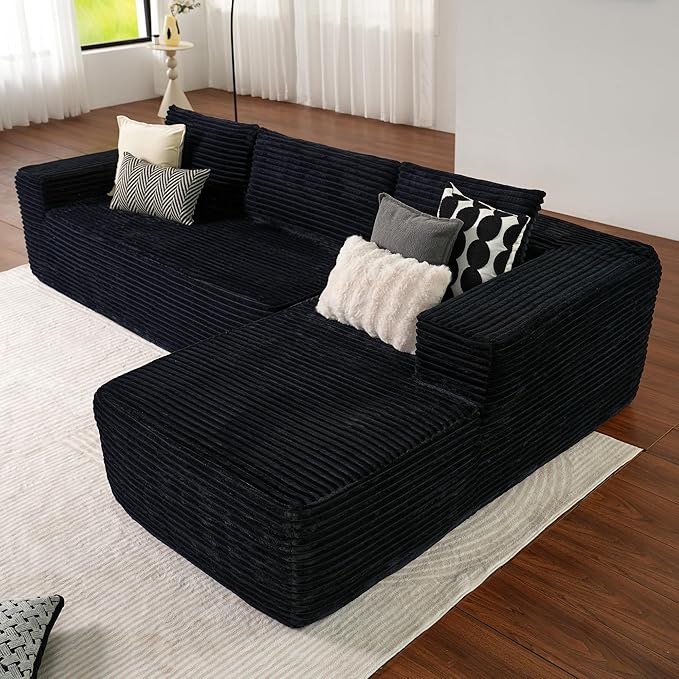 ovios 104" Cloud Boneless Couch with L-Shape Chaise,Modern Sectional Modular Sofa with Deep Seat, Upholstered Couches for Living Room Bedroom,No Assembly Required, Black (Plush Corduroy Fabric)