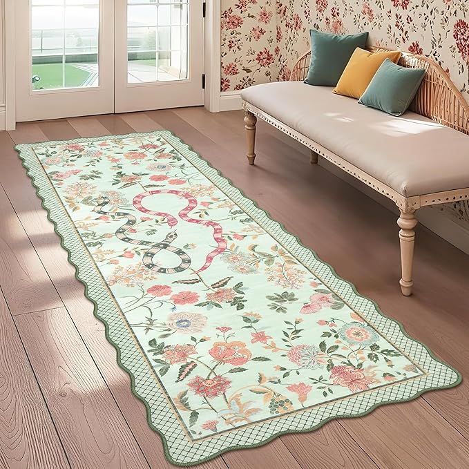 Garvee Washable Runner Snake Scalloped Rug 2x6 Runner Rugs for Hallway, Non-Slip Stain-Resistant Kitchen Runners, Soft Low Pile Non Shedding Carpet for Laundry Entryway Bedroom Bathroom,Green