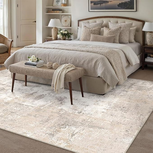 8x10 Washable Area Rug Beige Grey Abstract Non Slip Soft Low Pile Rug for Living Room Bedroom Dining Room Office Neutral Modern Indoor Large Throw Carpet for Home Decor