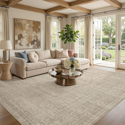 7x10 Area Rug Living Room: Washable Large Vintage Dark Brown Rug Neutral Non-Slip Soft Stain Resistant Indoor Carpet for Bedroom Nursery Dining Room Under Table Bed Home House Office Playroom
