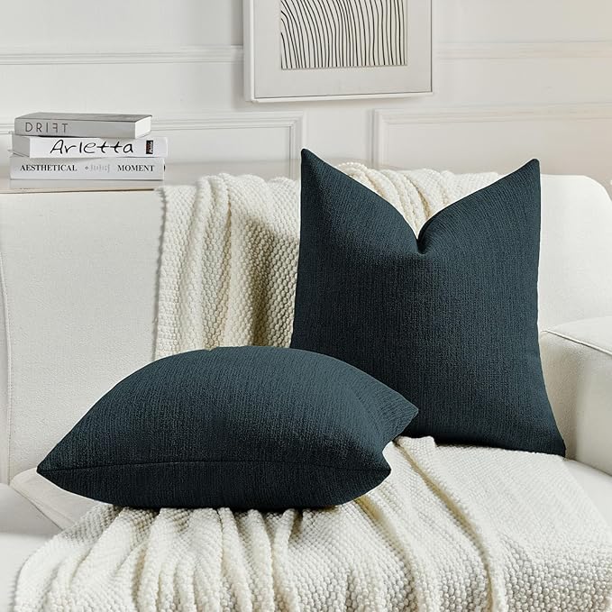FUTEI Navy Blue Chenille Decorative Throw Pillow Covers 22x22 Inch Set of 2,Soft Cozy Faux Linen Textured Cushion Case,Farmhouse Home Decor for Couch Living Room