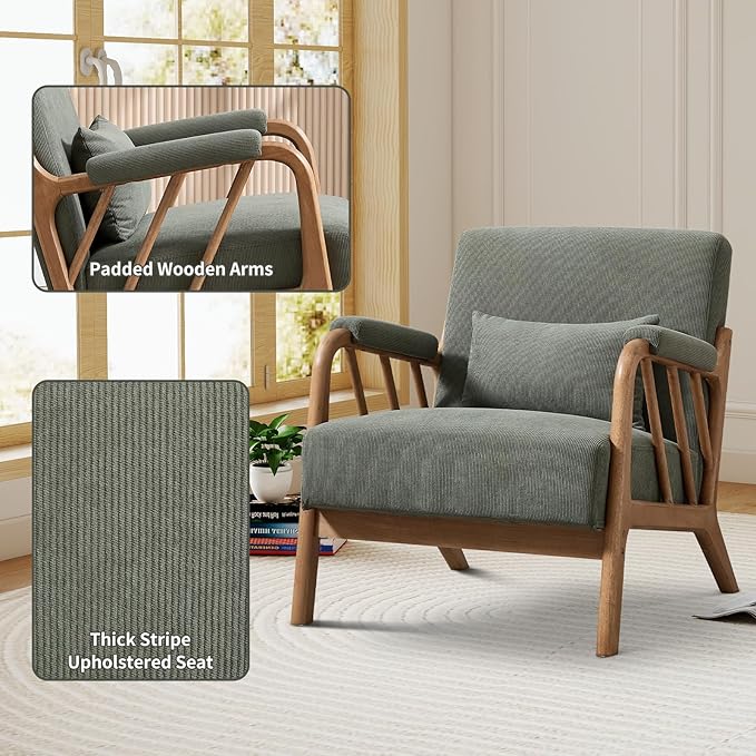 IOMOR Mid Century Modern Accent Chair with Solid Wood Frame, Upholstered Living Room Chairs with Lumbar Cushion Padded Arms, Reading Armchair for Bedroom (1, Olive Green)