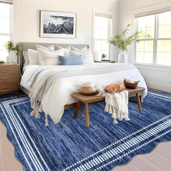 Garvee Scalloped Large Modern Abstract Area Rug 10x13 Washable Rug for Living Room, Non-Slip Soft Carpet for Bedroom, Scalloped Low-Pile Solid Print Rug for Dining Room Home Office, Navy Blue