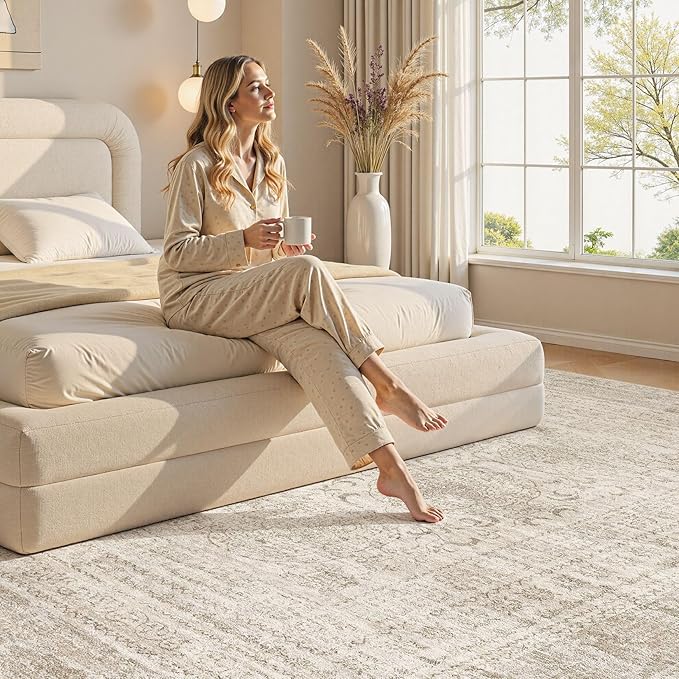 Nakagishi 10x12 Area Rugs Living Room: Washable Large Vintage Rug Neutral Non-Slip Soft Stain Resistant Indoor Carpet for Bedroom Nursery Dining Room Office Playroom - Dark Bown