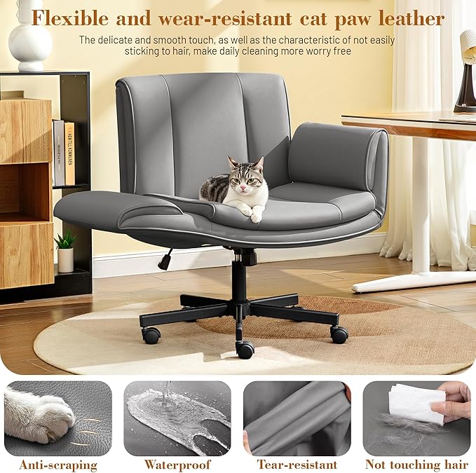 HeroSet Criss Cross Chair with Wheels & Armrests,Comfy Wide Vanity Chair,Scratch-Resistant Pu Leather Cross Legged Desk Chair,Height Adjustable Computer Office Desk Chairs for Home,Makeup,Bedroom