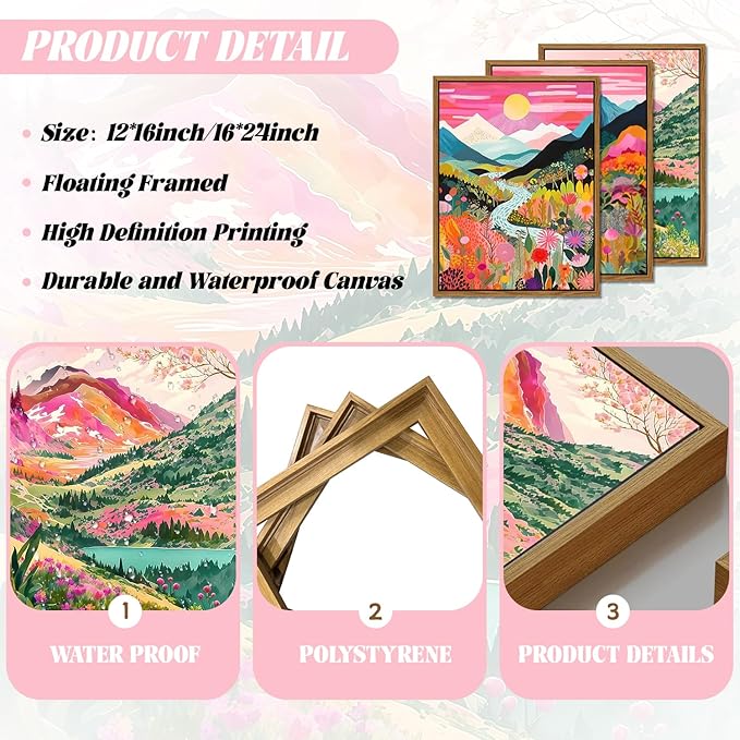 Floating Framed Boho Colorful Mountain Wall Art Set of 3, Abstract Watercolor Landscape Flower Wall Decor Paintings, Modern Nature Sunset Forest Posters Prints for Living Room, Bedroom 12x16 Inch
