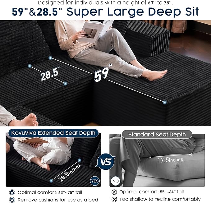 Black Sectional Couch with Ottoman, 108" Cloud Modular Couch for Living Room, Modern U-Shaped Sofa, No Assembly Required - Plush Corduroy Fabric & Deep Seat Comfort (Left Facing Chaise)