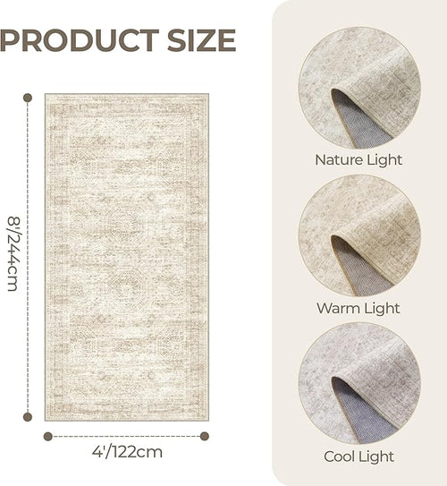 4x8 Rug for Bedroom,Wide Runner Rug for Hallway, Non Slip Washable Runner Rug for Living Room, Low Pile Soft Entryway Kitchen Rug, Modern Home Decor Mat for Dining Room(4'x8', Beige/Ivory)