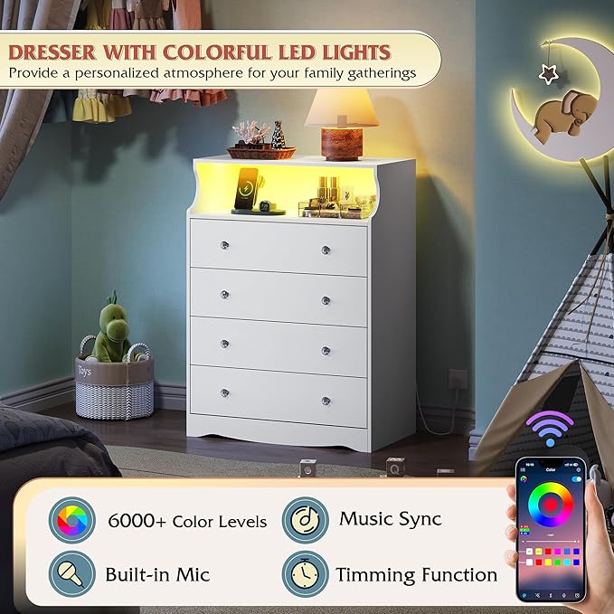 WLIVE White LED Dresser for Bedroom, Tall Wood Dresser with 4 Drawers and Open Shelf, Chest of Drawers with Power Outlet for Living Room, Hallway, Closet