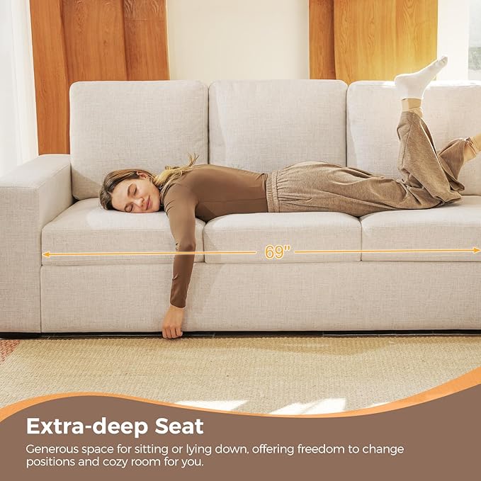 ELUCHANG 85" Modern Couches for Living Room, Natural Linen 3 Seat Sofa, Comfy Deep Seat Sofa, Spring Cushions, Removable Cover, Solid Wood Frame, Easy Assembly Loveseat for Small Space, Beige, 2PCS | Breathable material, Easy to Assemble, Removable Cov...