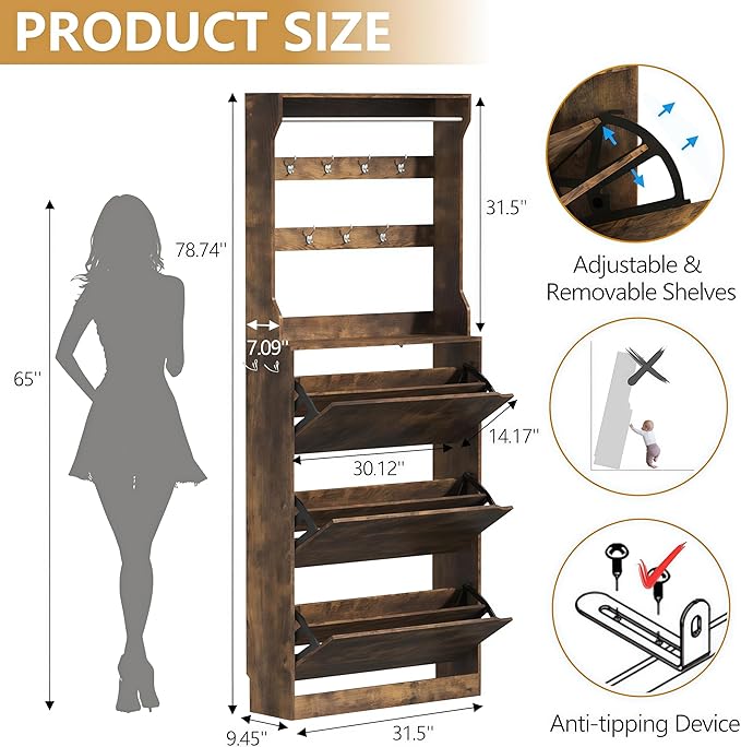HOPUBUY Tall Shoe Cabinet with 3 Flip Drawers, Farmhouse Hidden Shoe Storage Cabinet with Rack, Slim Narrow Freestanding Shoe Storage Organizer for Entryway, Hallway & Living Room,Rustic Brown